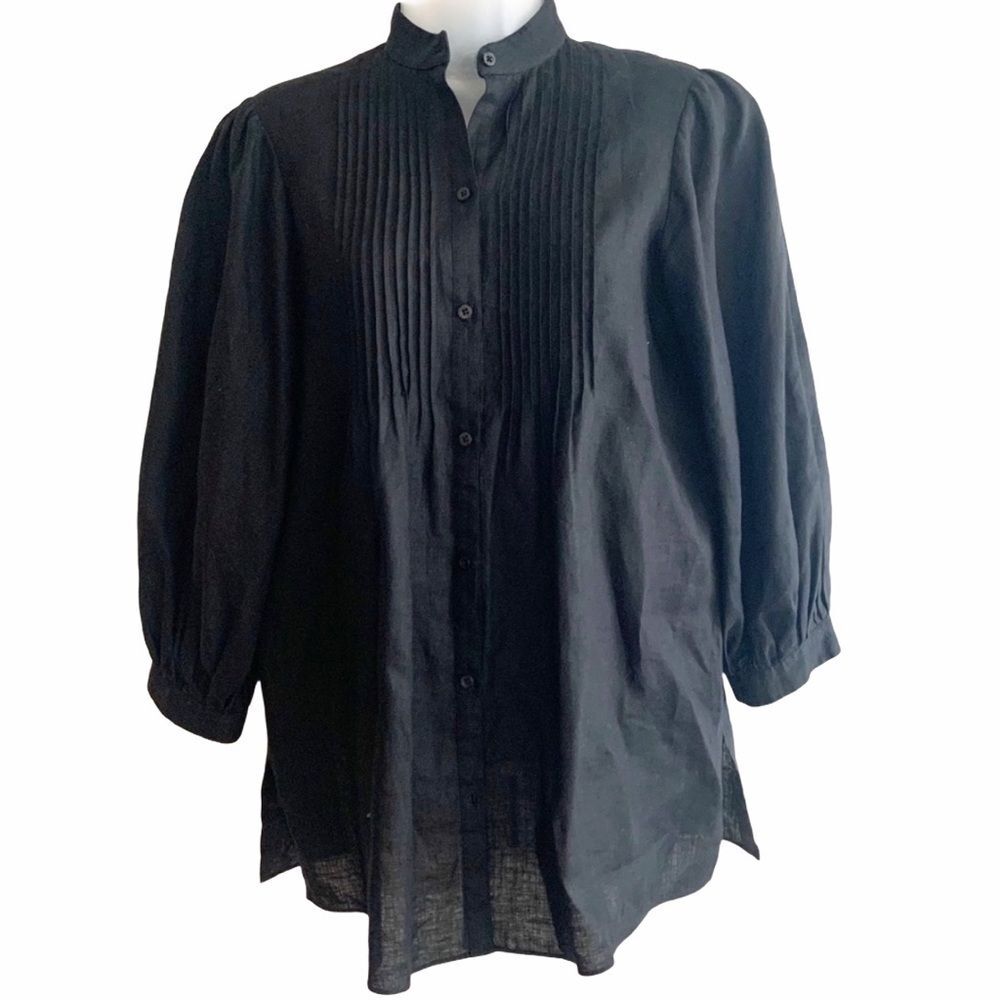 LAUREN RALPH Blouse Woman's  Black Long sleeve Top100% Linen Size Small‎